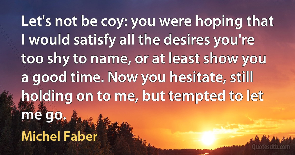 Let's not be coy: you were hoping that I would satisfy all the desires you're too shy to name, or at least show you a good time. Now you hesitate, still holding on to me, but tempted to let me go. (Michel Faber)