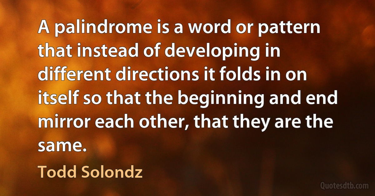 A palindrome is a word or pattern that instead of developing in different directions it folds in on itself so that the beginning and end mirror each other, that they are the same. (Todd Solondz)