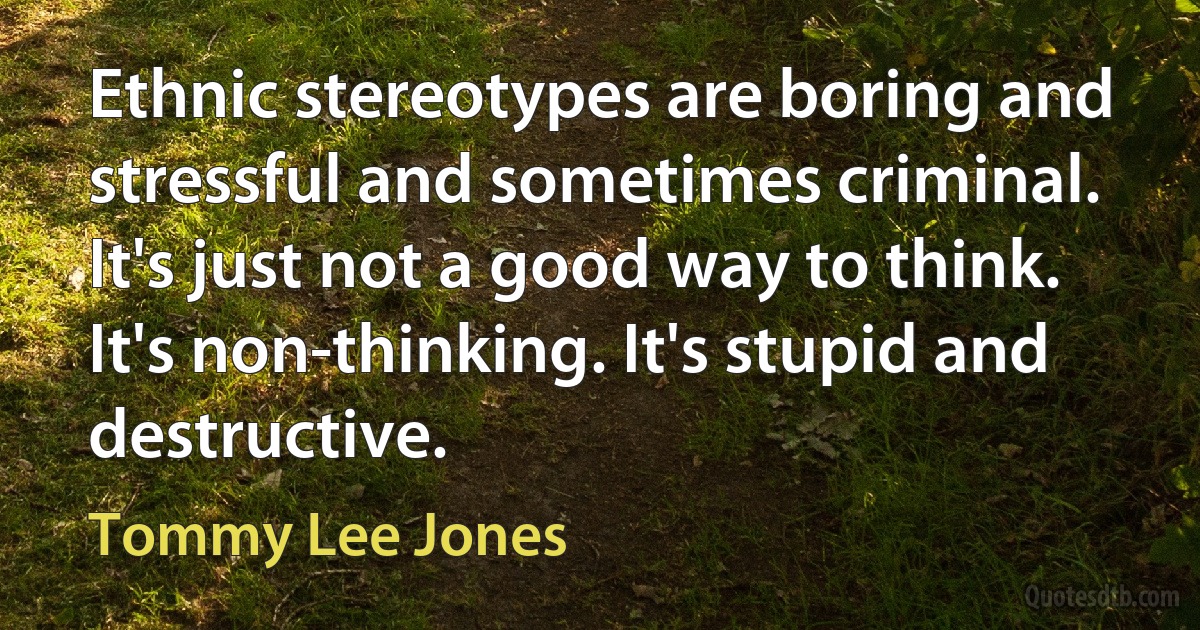 Ethnic stereotypes are boring and stressful and sometimes criminal. It's just not a good way to think. It's non-thinking. It's stupid and destructive. (Tommy Lee Jones)