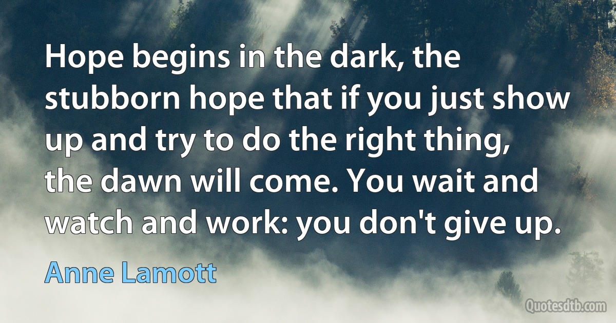 Hope begins in the dark, the stubborn hope that if you just show up and try to do the right thing, the dawn will come. You wait and watch and work: you don't give up. (Anne Lamott)