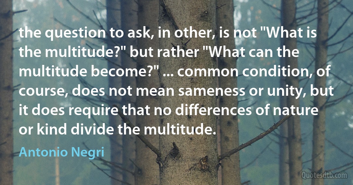 the question to ask, in other, is not "What is the multitude?" but rather "What can the multitude become?" ... common condition, of course, does not mean sameness or unity, but it does require that no differences of nature or kind divide the multitude. (Antonio Negri)