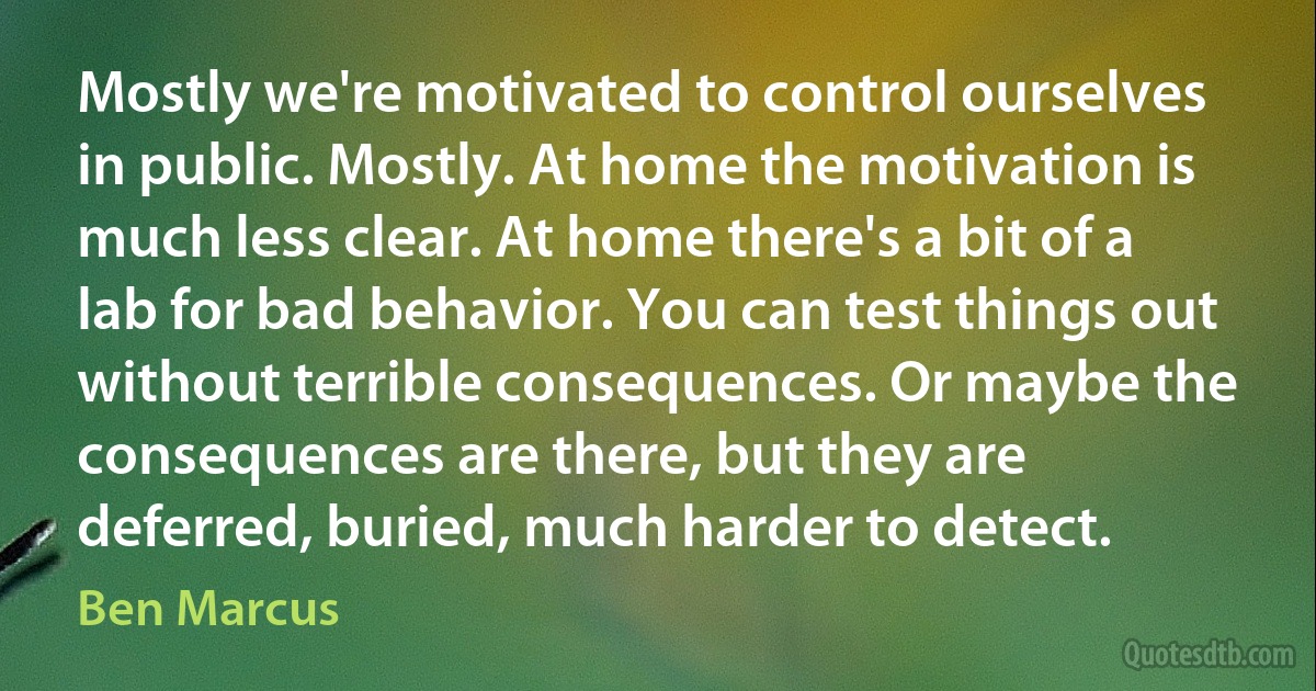 Mostly we're motivated to control ourselves in public. Mostly. At home the motivation is much less clear. At home there's a bit of a lab for bad behavior. You can test things out without terrible consequences. Or maybe the consequences are there, but they are deferred, buried, much harder to detect. (Ben Marcus)