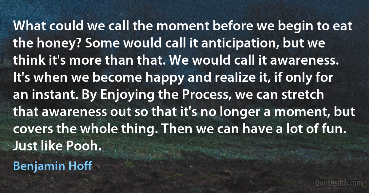 What could we call the moment before we begin to eat the honey? Some would call it anticipation, but we think it's more than that. We would call it awareness. It's when we become happy and realize it, if only for an instant. By Enjoying the Process, we can stretch that awareness out so that it's no longer a moment, but covers the whole thing. Then we can have a lot of fun. Just like Pooh. (Benjamin Hoff)