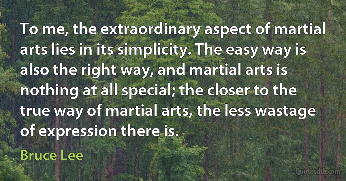 To me, the extraordinary aspect of martial arts lies in its simplicity. The easy way is also the right way, and martial arts is nothing at all special; the closer to the true way of martial arts, the less wastage of expression there is. (Bruce Lee)