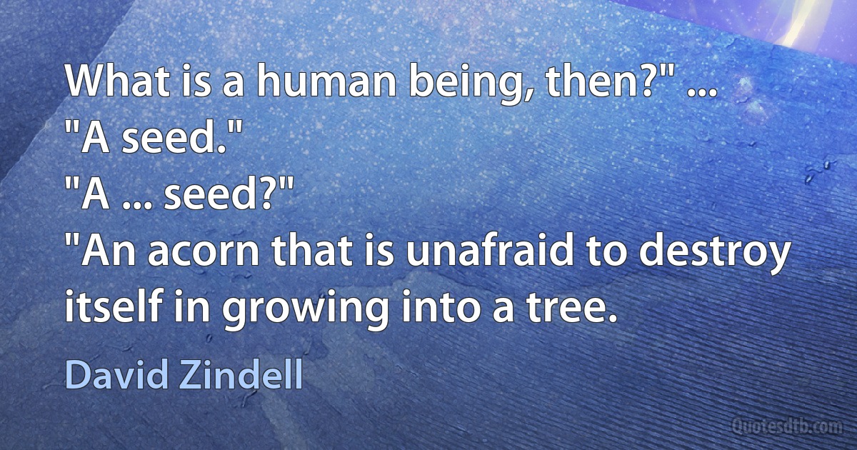 What is a human being, then?" ...
"A seed."
"A ... seed?"
"An acorn that is unafraid to destroy itself in growing into a tree. (David Zindell)