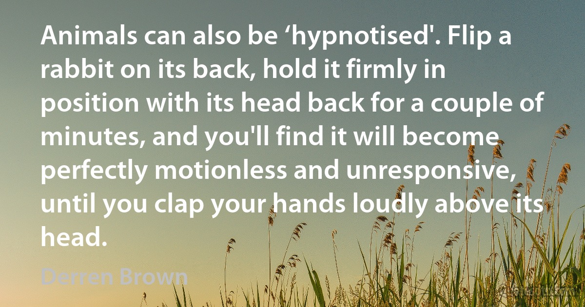 Animals can also be ‘hypnotised'. Flip a rabbit on its back, hold it firmly in position with its head back for a couple of minutes, and you'll find it will become perfectly motionless and unresponsive, until you clap your hands loudly above its head. (Derren Brown)