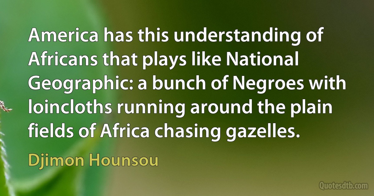 America has this understanding of Africans that plays like National Geographic: a bunch of Negroes with loincloths running around the plain fields of Africa chasing gazelles. (Djimon Hounsou)