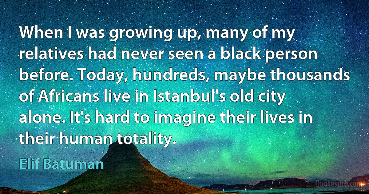 When I was growing up, many of my relatives had never seen a black person before. Today, hundreds, maybe thousands of Africans live in Istanbul's old city alone. It's hard to imagine their lives in their human totality. (Elif Batuman)