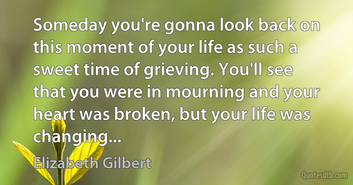 Someday you're gonna look back on this moment of your life as such a sweet time of grieving. You'll see that you were in mourning and your heart was broken, but your life was changing... (Elizabeth Gilbert)