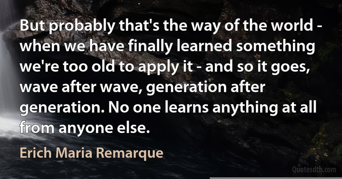 But probably that's the way of the world - when we have finally learned something we're too old to apply it - and so it goes, wave after wave, generation after generation. No one learns anything at all from anyone else. (Erich Maria Remarque)