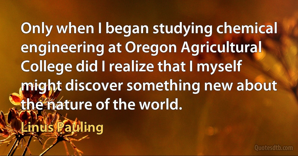 Only when I began studying chemical engineering at Oregon Agricultural College did I realize that I myself might discover something new about the nature of the world. (Linus Pauling)