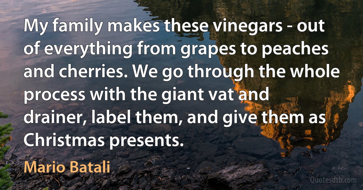 My family makes these vinegars - out of everything from grapes to peaches and cherries. We go through the whole process with the giant vat and drainer, label them, and give them as Christmas presents. (Mario Batali)