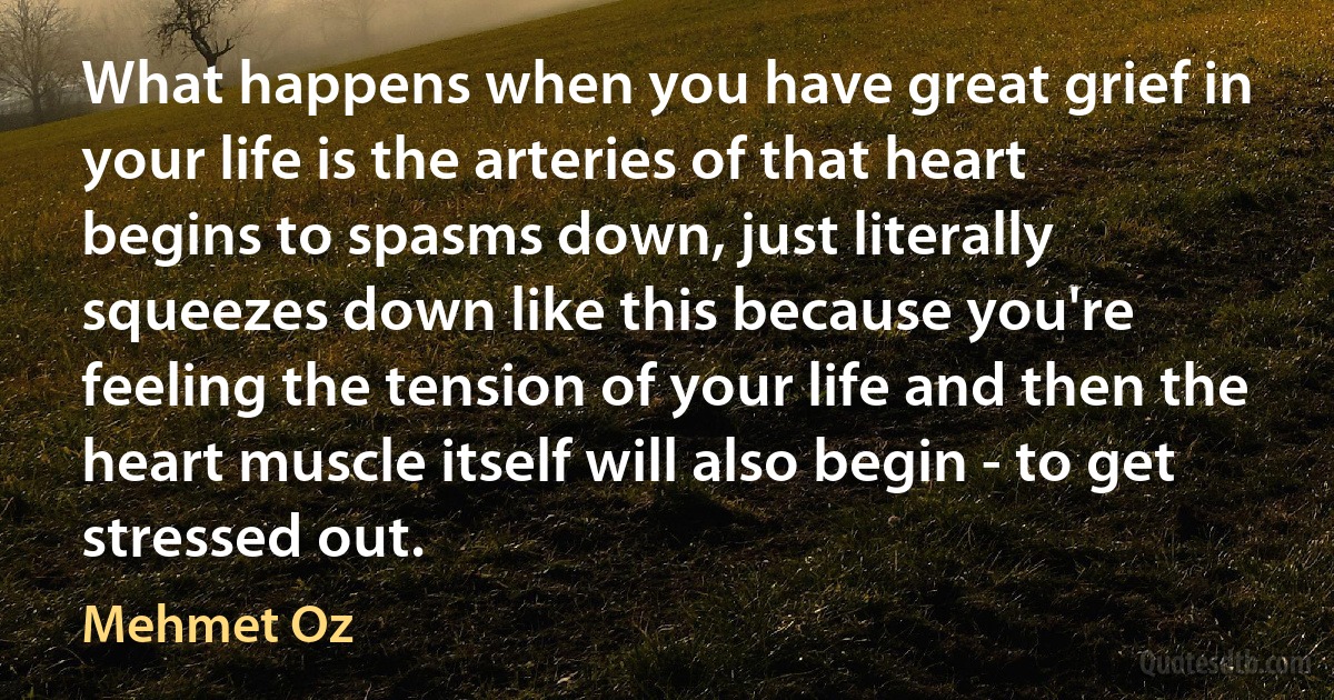 What happens when you have great grief in your life is the arteries of that heart begins to spasms down, just literally squeezes down like this because you're feeling the tension of your life and then the heart muscle itself will also begin - to get stressed out. (Mehmet Oz)