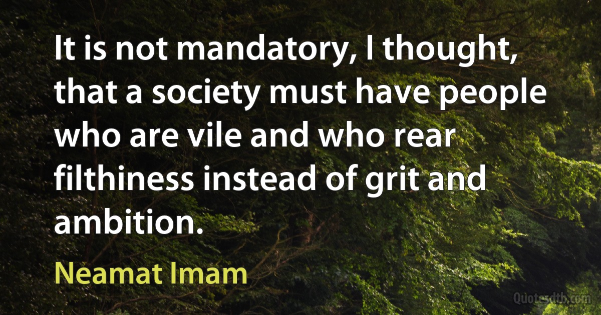 It is not mandatory, I thought, that a society must have people who are vile and who rear filthiness instead of grit and ambition. (Neamat Imam)