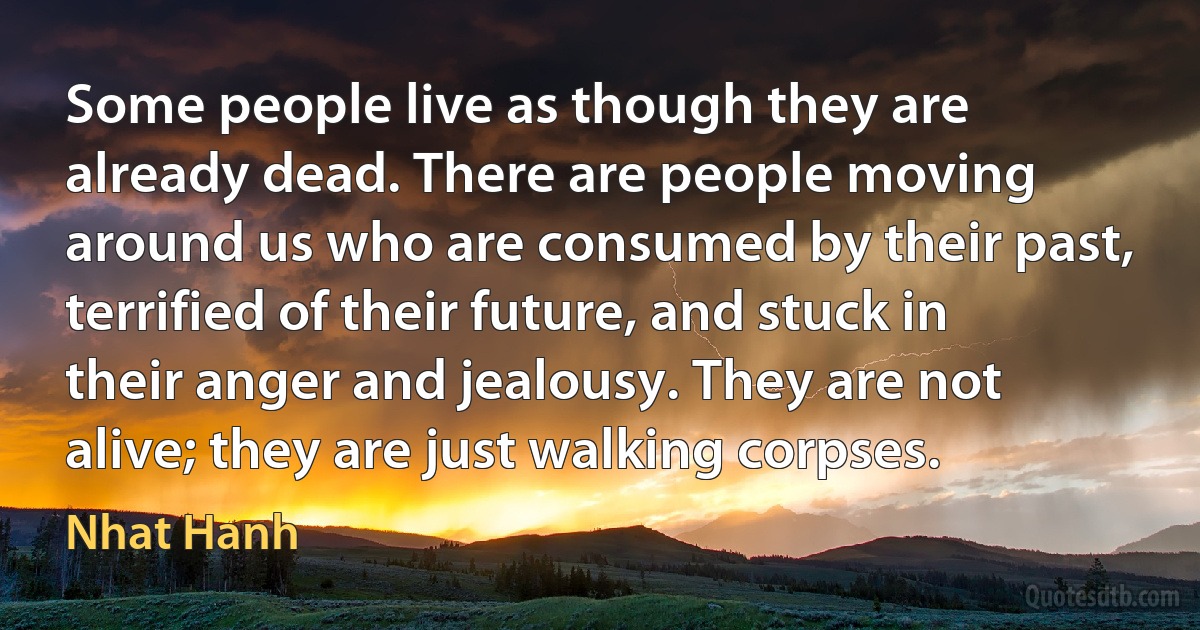 Some people live as though they are already dead. There are people moving around us who are consumed by their past, terrified of their future, and stuck in their anger and jealousy. They are not alive; they are just walking corpses. (Nhat Hanh)