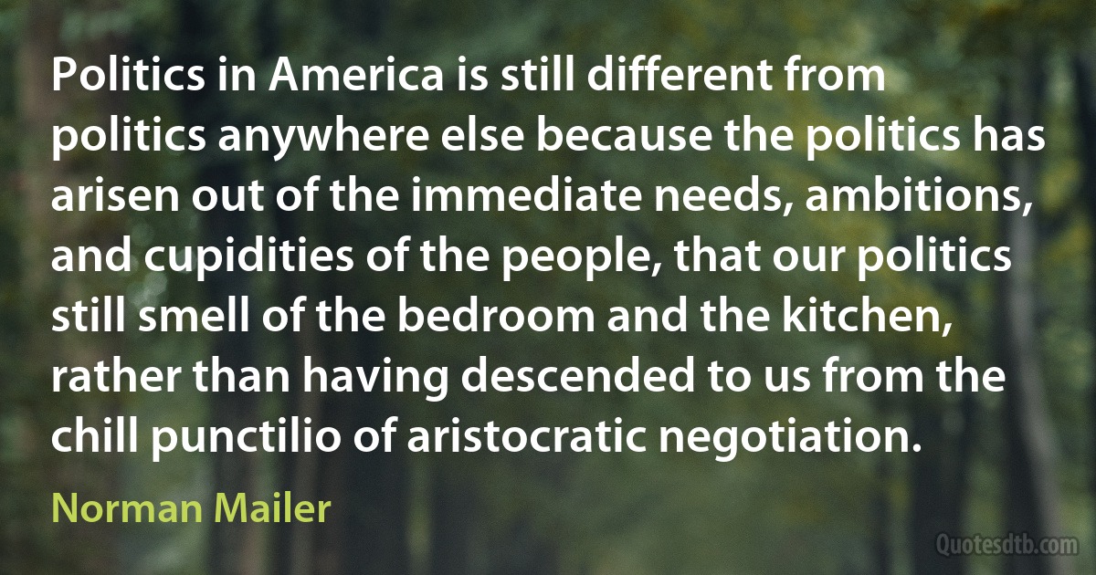 Politics in America is still different from politics anywhere else because the politics has arisen out of the immediate needs, ambitions, and cupidities of the people, that our politics still smell of the bedroom and the kitchen, rather than having descended to us from the chill punctilio of aristocratic negotiation. (Norman Mailer)