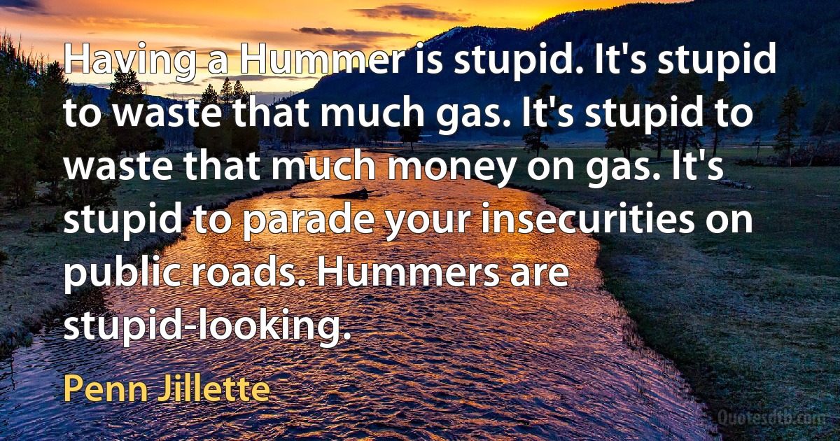 Having a Hummer is stupid. It's stupid to waste that much gas. It's stupid to waste that much money on gas. It's stupid to parade your insecurities on public roads. Hummers are stupid-looking. (Penn Jillette)