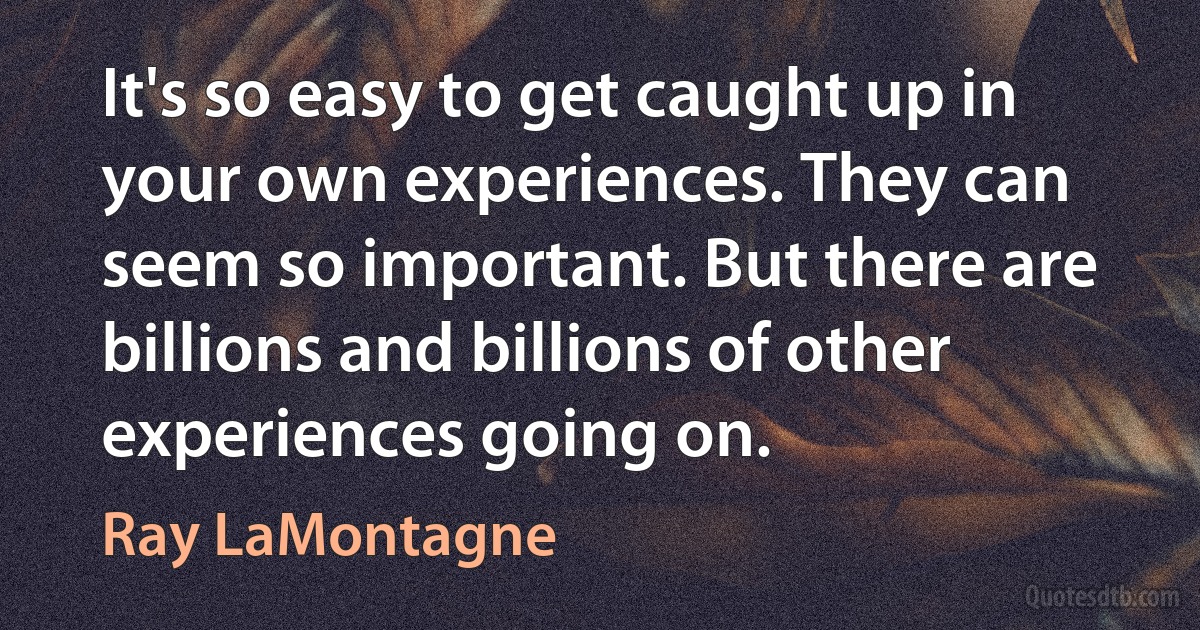 It's so easy to get caught up in your own experiences. They can seem so important. But there are billions and billions of other experiences going on. (Ray LaMontagne)