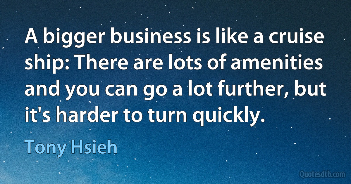 A bigger business is like a cruise ship: There are lots of amenities and you can go a lot further, but it's harder to turn quickly. (Tony Hsieh)