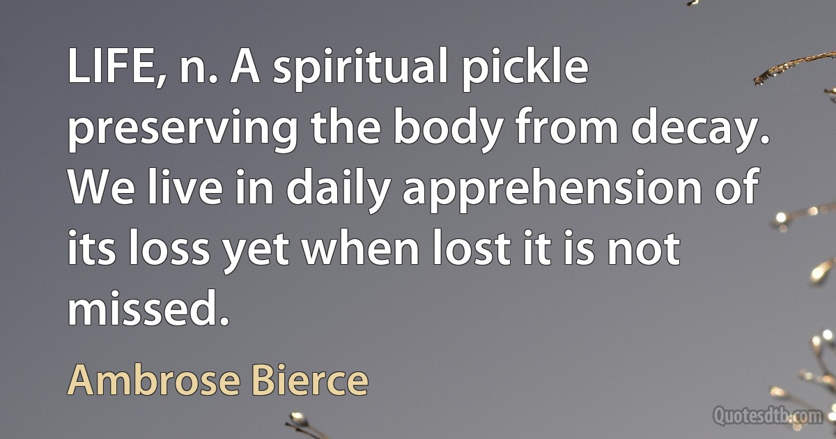 LIFE, n. A spiritual pickle preserving the body from decay. We live in daily apprehension of its loss yet when lost it is not missed. (Ambrose Bierce)