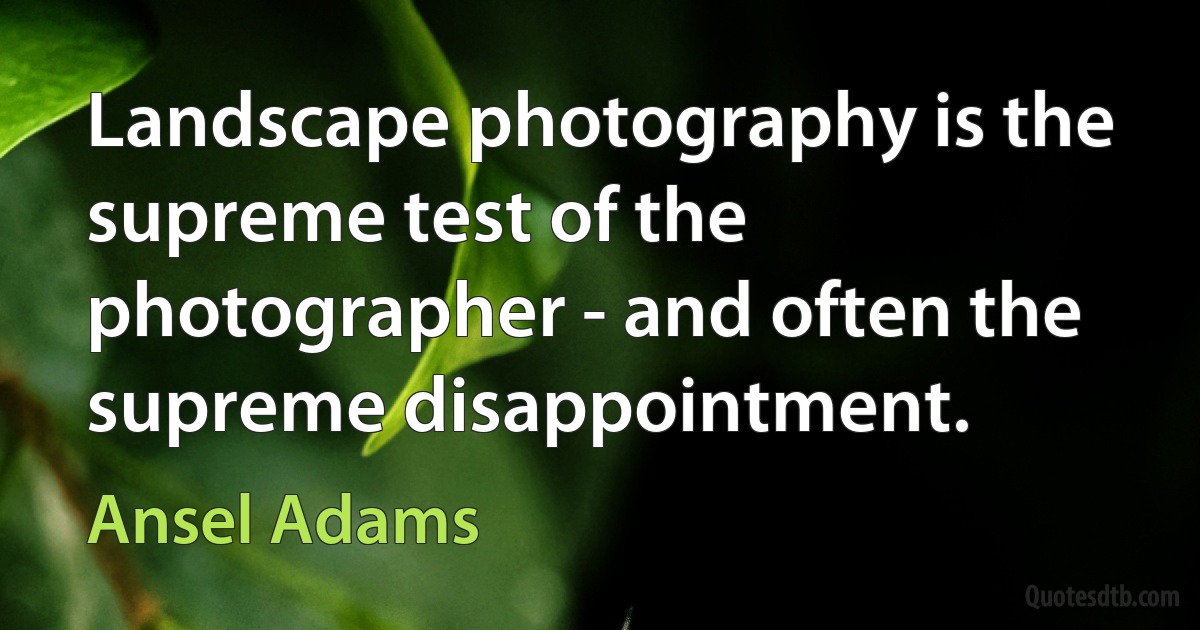 Landscape photography is the supreme test of the photographer - and often the supreme disappointment. (Ansel Adams)