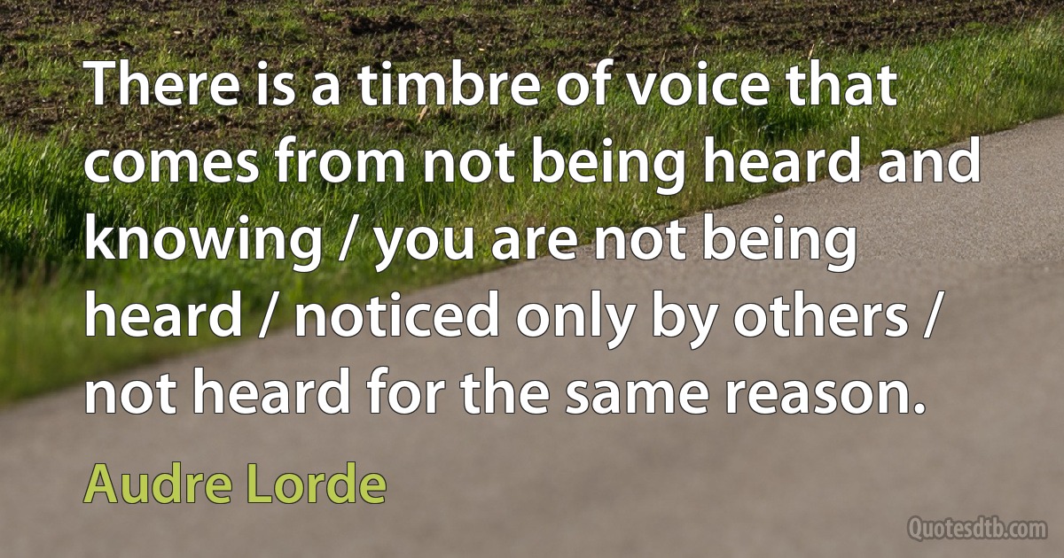 There is a timbre of voice that comes from not being heard and knowing / you are not being heard / noticed only by others / not heard for the same reason. (Audre Lorde)