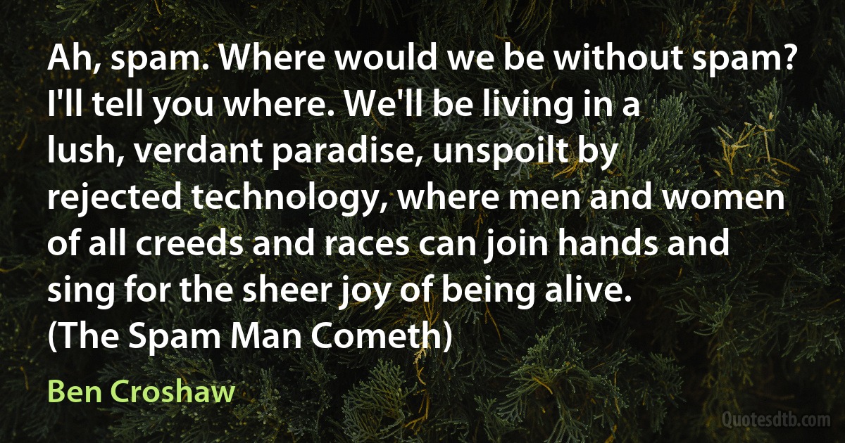 Ah, spam. Where would we be without spam? I'll tell you where. We'll be living in a lush, verdant paradise, unspoilt by rejected technology, where men and women of all creeds and races can join hands and sing for the sheer joy of being alive. (The Spam Man Cometh) (Ben Croshaw)