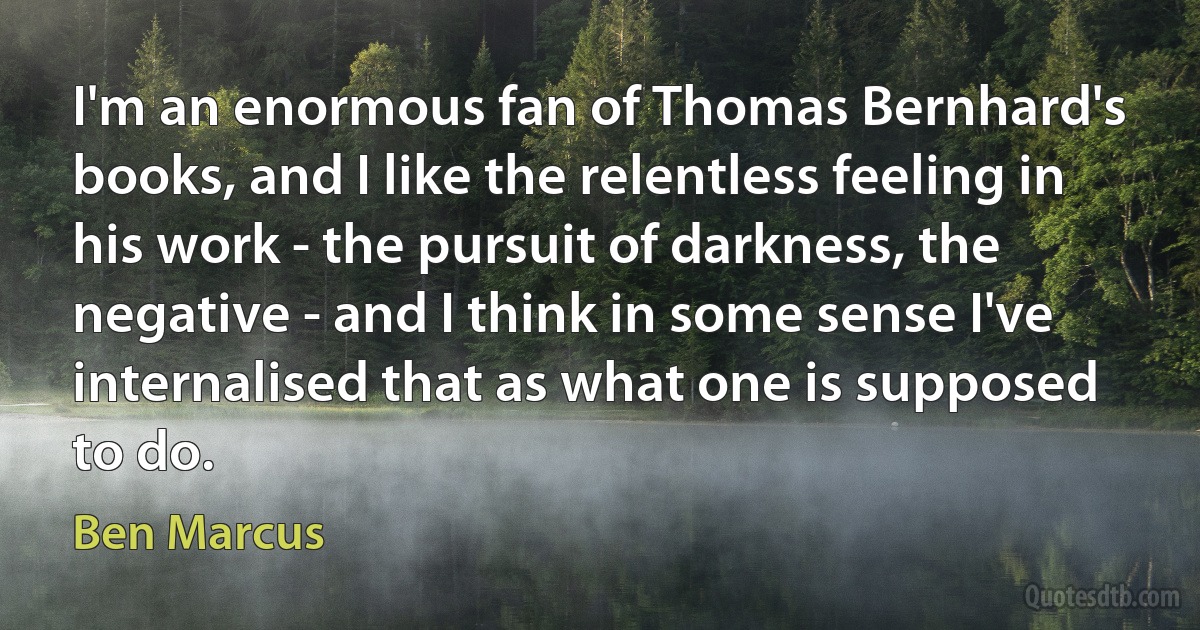 I'm an enormous fan of Thomas Bernhard's books, and I like the relentless feeling in his work - the pursuit of darkness, the negative - and I think in some sense I've internalised that as what one is supposed to do. (Ben Marcus)