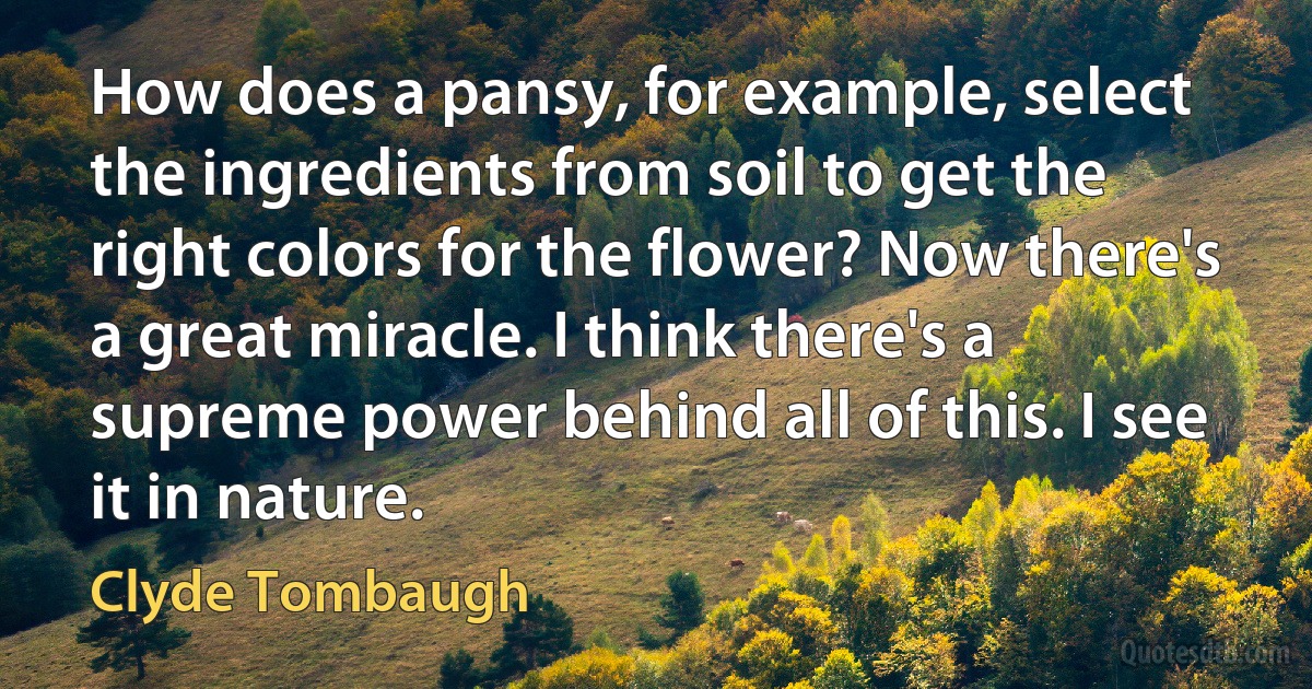 How does a pansy, for example, select the ingredients from soil to get the right colors for the flower? Now there's a great miracle. I think there's a supreme power behind all of this. I see it in nature. (Clyde Tombaugh)