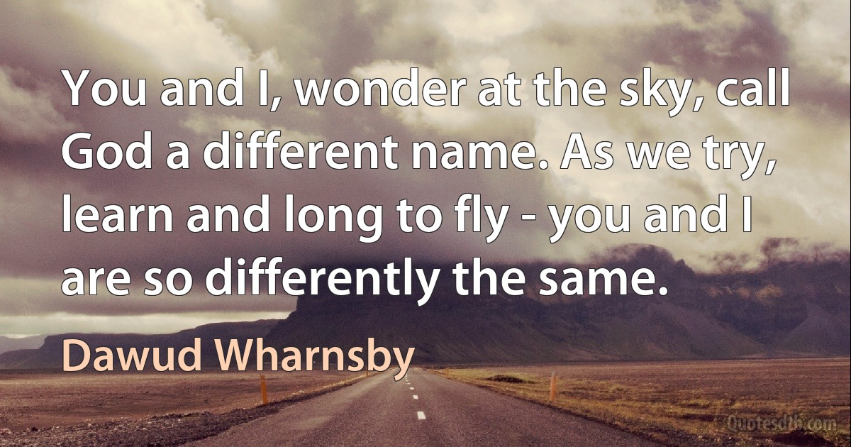 You and I, wonder at the sky, call God a different name. As we try, learn and long to fly - you and I are so differently the same. (Dawud Wharnsby)