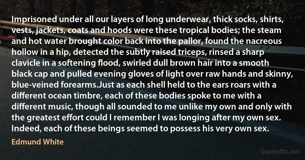 Imprisoned under all our layers of long underwear, thick socks, shirts, vests, jackets, coats and hoods were these tropical bodies; the steam and hot water brought color back into the pallor, found the nacreous hollow in a hip, detected the subtly raised triceps, rinsed a sharp clavicle in a softening flood, swirled dull brown hair into a smooth black cap and pulled evening gloves of light over raw hands and skinny, blue-veined forearms.Just as each shell held to the ears roars with a different ocean timbre, each of these bodies spoke to me with a different music, though all sounded to me unlike my own and only with the greatest effort could I remember I was longing after my own sex. Indeed, each of these beings seemed to possess his very own sex. (Edmund White)