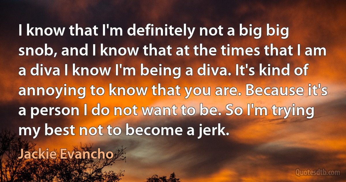 I know that I'm definitely not a big big snob, and I know that at the times that I am a diva I know I'm being a diva. It's kind of annoying to know that you are. Because it's a person I do not want to be. So I'm trying my best not to become a jerk. (Jackie Evancho)