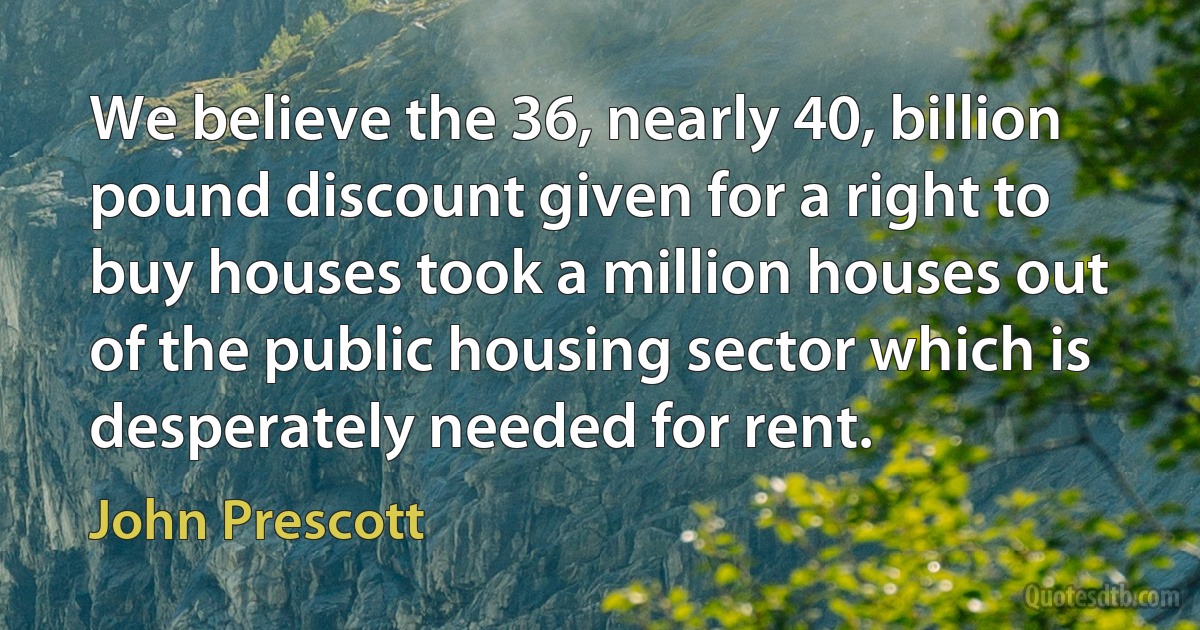 We believe the 36, nearly 40, billion pound discount given for a right to buy houses took a million houses out of the public housing sector which is desperately needed for rent. (John Prescott)