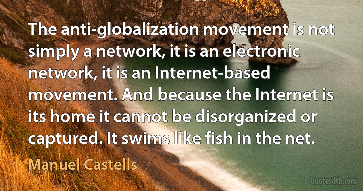 The anti-globalization movement is not simply a network, it is an electronic network, it is an Internet-based movement. And because the Internet is its home it cannot be disorganized or captured. It swims like fish in the net. (Manuel Castells)