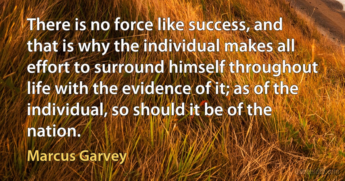 There is no force like success, and that is why the individual makes all effort to surround himself throughout life with the evidence of it; as of the individual, so should it be of the nation. (Marcus Garvey)