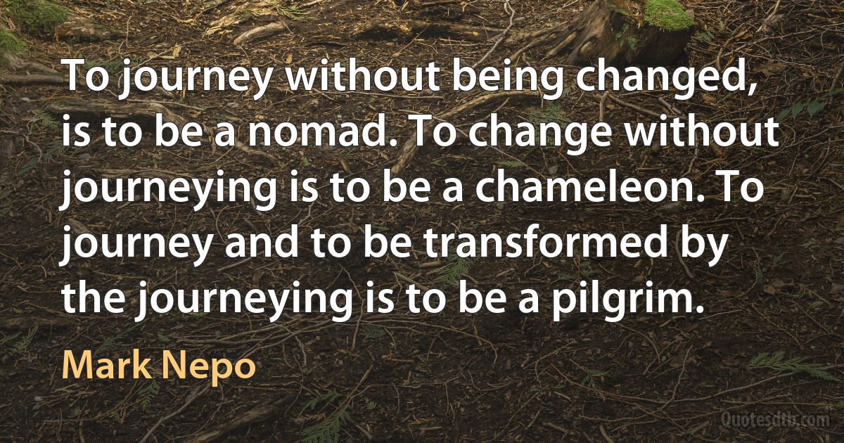 To journey without being changed, is to be a nomad. To change without journeying is to be a chameleon. To journey and to be transformed by the journeying is to be a pilgrim. (Mark Nepo)