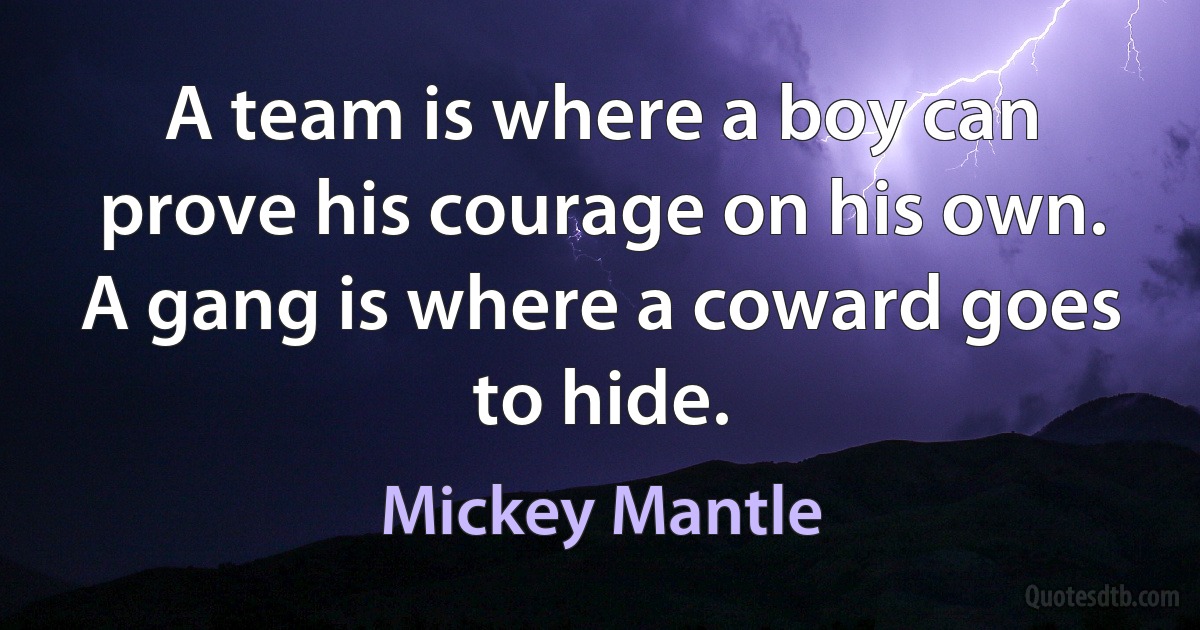 A team is where a boy can prove his courage on his own. A gang is where a coward goes to hide. (Mickey Mantle)