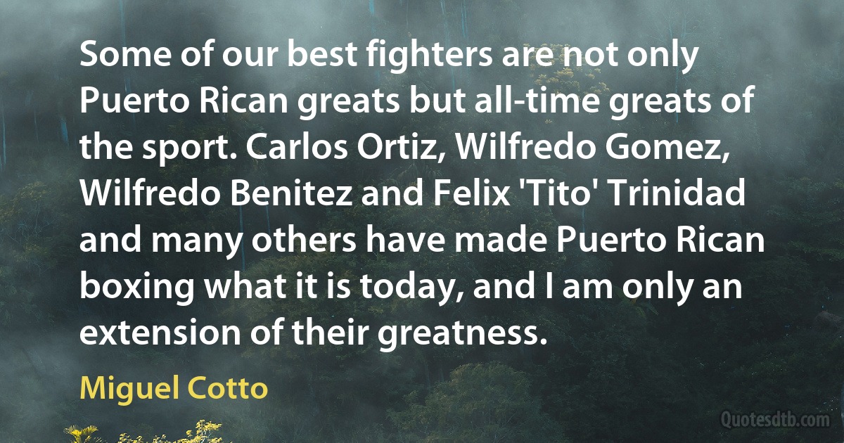 Some of our best fighters are not only Puerto Rican greats but all-time greats of the sport. Carlos Ortiz, Wilfredo Gomez, Wilfredo Benitez and Felix 'Tito' Trinidad and many others have made Puerto Rican boxing what it is today, and I am only an extension of their greatness. (Miguel Cotto)