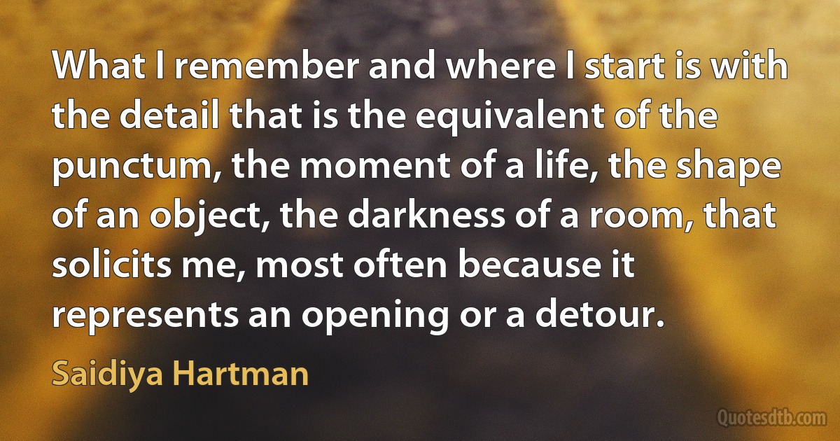 What I remember and where I start is with the detail that is the equivalent of the punctum, the moment of a life, the shape of an object, the darkness of a room, that solicits me, most often because it represents an opening or a detour. (Saidiya Hartman)