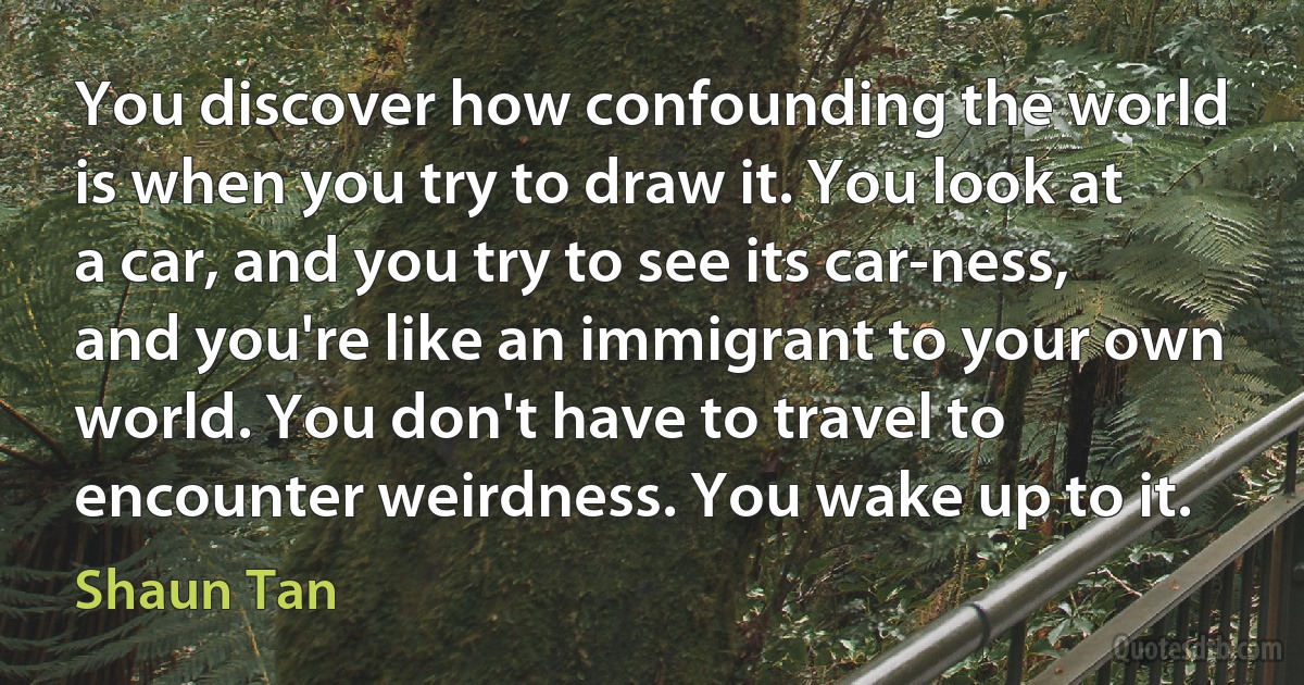 You discover how confounding the world is when you try to draw it. You look at a car, and you try to see its car-ness, and you're like an immigrant to your own world. You don't have to travel to encounter weirdness. You wake up to it. (Shaun Tan)