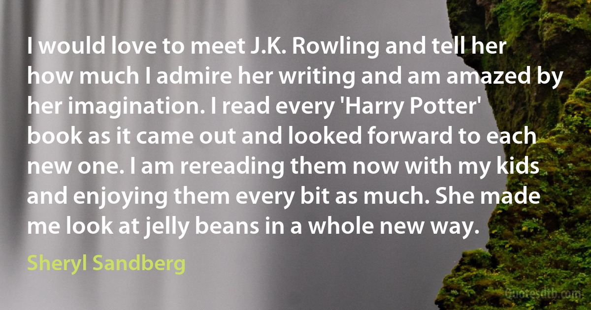 I would love to meet J.K. Rowling and tell her how much I admire her writing and am amazed by her imagination. I read every 'Harry Potter' book as it came out and looked forward to each new one. I am rereading them now with my kids and enjoying them every bit as much. She made me look at jelly beans in a whole new way. (Sheryl Sandberg)