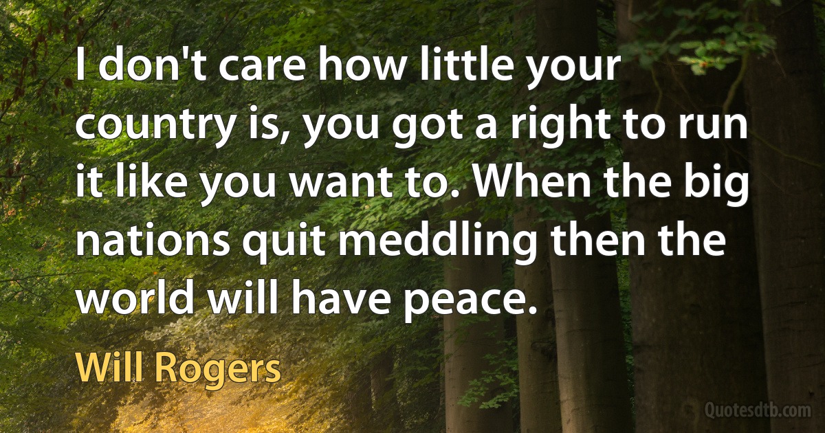 I don't care how little your country is, you got a right to run it like you want to. When the big nations quit meddling then the world will have peace. (Will Rogers)