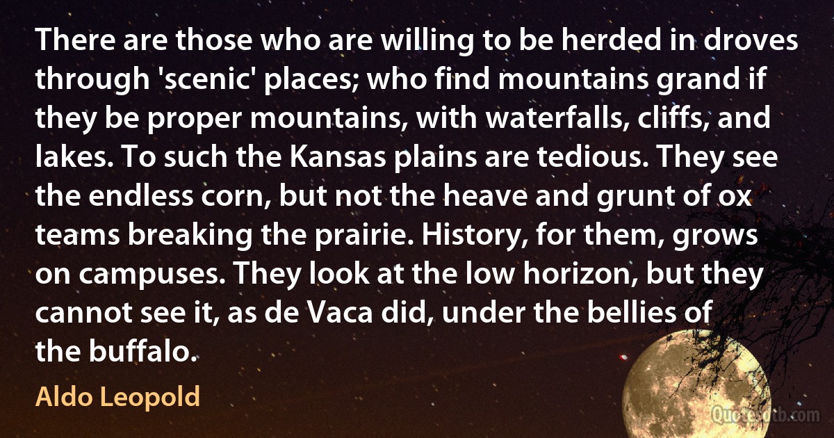 There are those who are willing to be herded in droves through 'scenic' places; who find mountains grand if they be proper mountains, with waterfalls, cliffs, and lakes. To such the Kansas plains are tedious. They see the endless corn, but not the heave and grunt of ox teams breaking the prairie. History, for them, grows on campuses. They look at the low horizon, but they cannot see it, as de Vaca did, under the bellies of the buffalo. (Aldo Leopold)