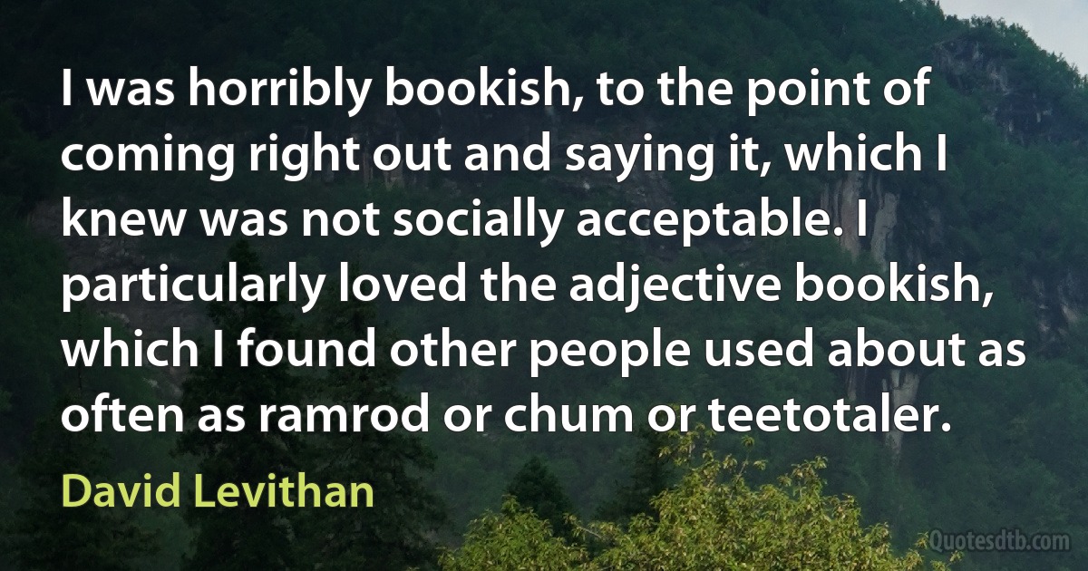 I was horribly bookish, to the point of coming right out and saying it, which I knew was not socially acceptable. I particularly loved the adjective bookish, which I found other people used about as often as ramrod or chum or teetotaler. (David Levithan)