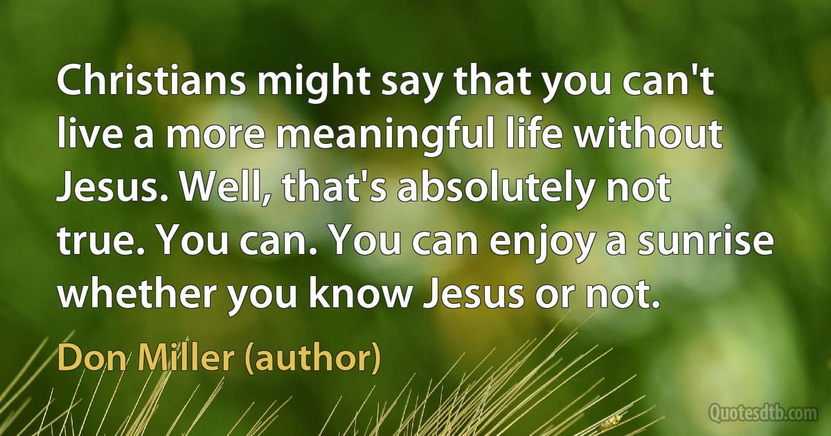 Christians might say that you can't live a more meaningful life without Jesus. Well, that's absolutely not true. You can. You can enjoy a sunrise whether you know Jesus or not. (Don Miller (author))