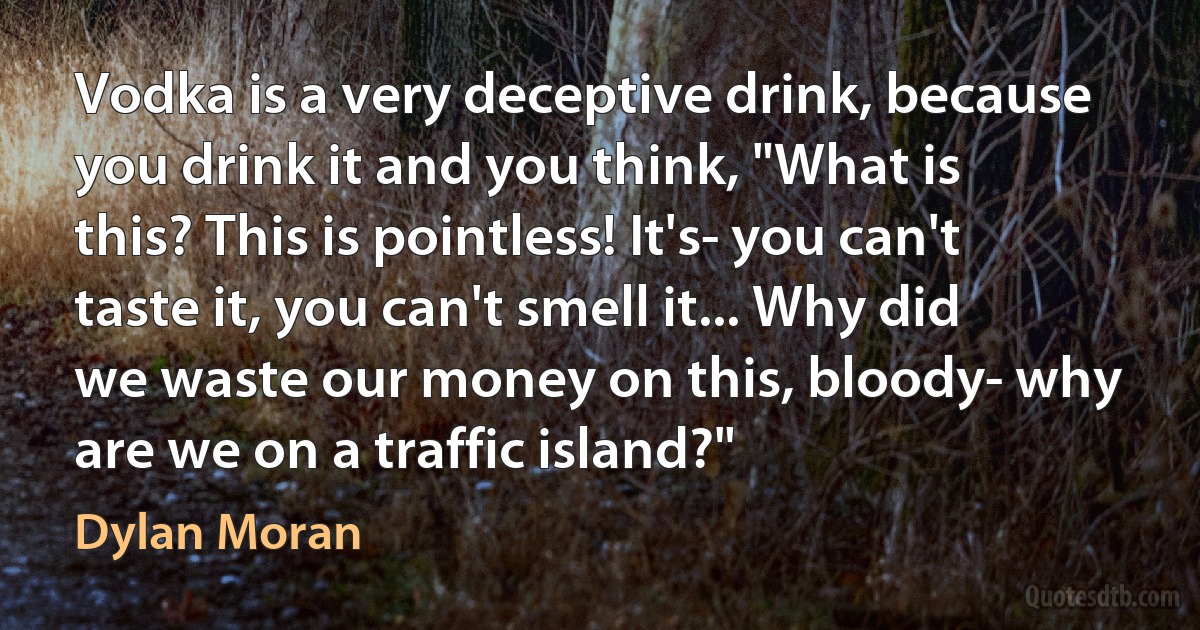 Vodka is a very deceptive drink, because you drink it and you think, "What is this? This is pointless! It's- you can't taste it, you can't smell it... Why did we waste our money on this, bloody- why are we on a traffic island?" (Dylan Moran)