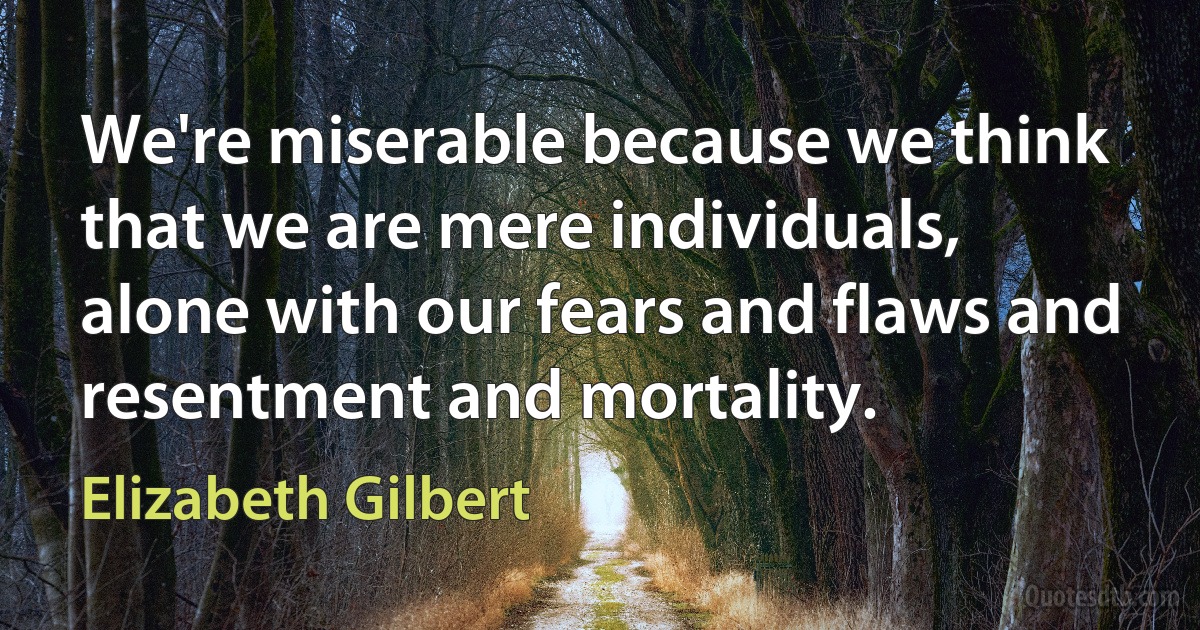 We're miserable because we think that we are mere individuals, alone with our fears and flaws and resentment and mortality. (Elizabeth Gilbert)