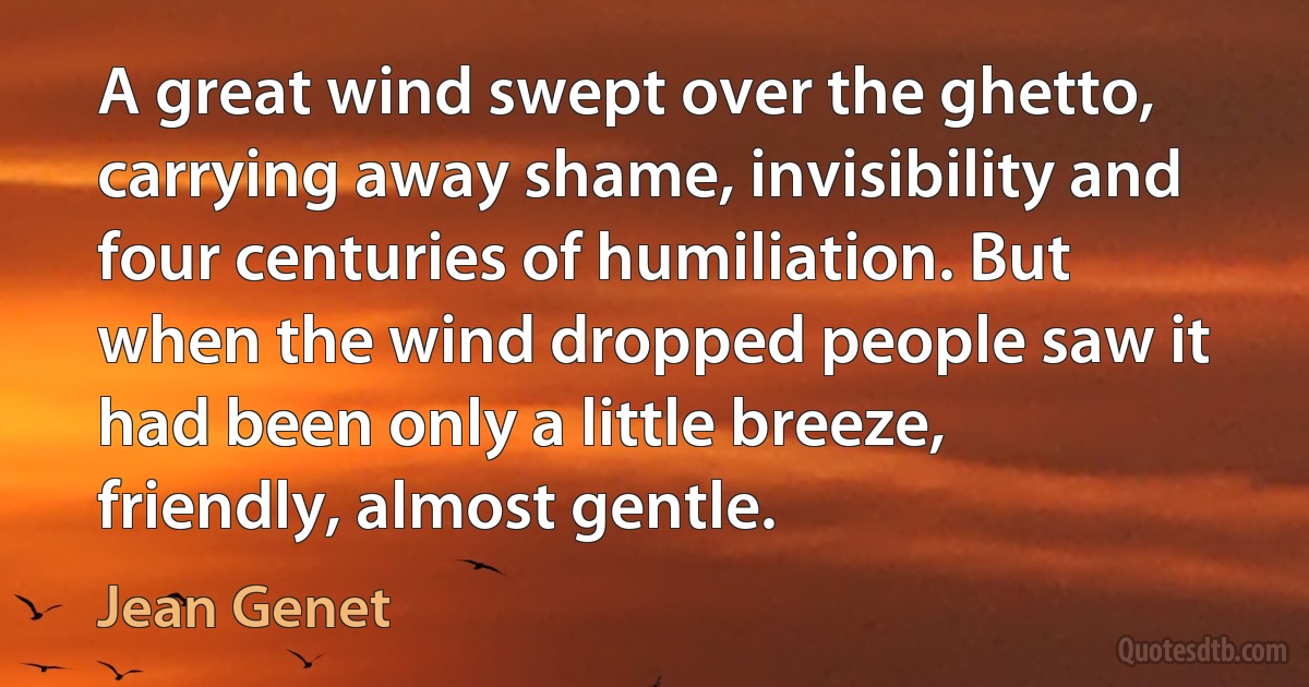 A great wind swept over the ghetto, carrying away shame, invisibility and four centuries of humiliation. But when the wind dropped people saw it had been only a little breeze, friendly, almost gentle. (Jean Genet)