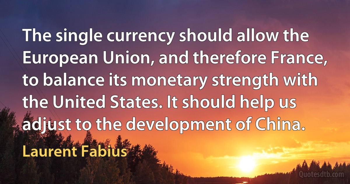 The single currency should allow the European Union, and therefore France, to balance its monetary strength with the United States. It should help us adjust to the development of China. (Laurent Fabius)