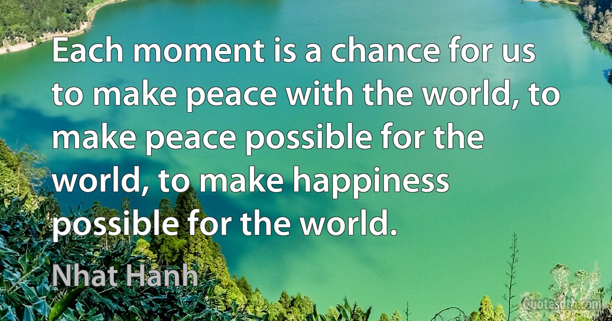 Each moment is a chance for us to make peace with the world, to make peace possible for the world, to make happiness possible for the world. (Nhat Hanh)